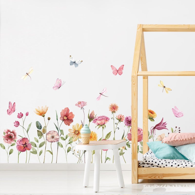 Kasubeso Watercolor Garden Flower Wall Decals, Peel and Stick Creative Colorful Butterfly Floral Wall Stickers, Multicolor Wildflower Wall Decor for Girls Room Nursery Bedroom Window - Image 4
